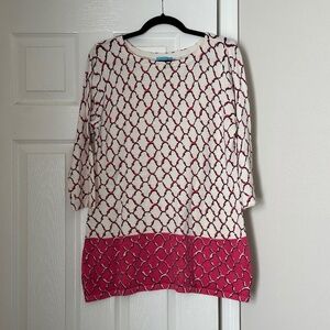 J. McLaughlin Geometric Catalina Cloth Tunic Pink Ivory Size Large 3/4 Sleeves